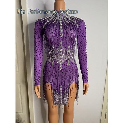 Sparkly Silver Rhinestone Mirror Elastic fabric short Dress Women Birthday Stage play Celebrate Dress Dancer Party Show Dress