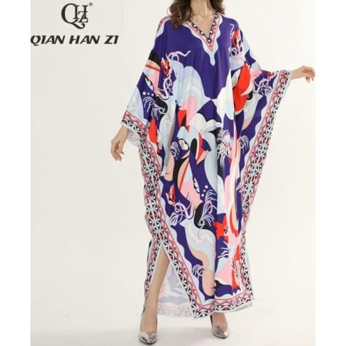 Qian Han Zi designer fashion runway maxi dress Womens bat sleeve amazing pattern Printed loose holiday long dress plus size XXL