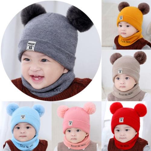 0-24M Newborn Baby Boy Girl Hat+Scarf Winter Warm Double Fur Pom Bobble Knit Beanie Hat Cap