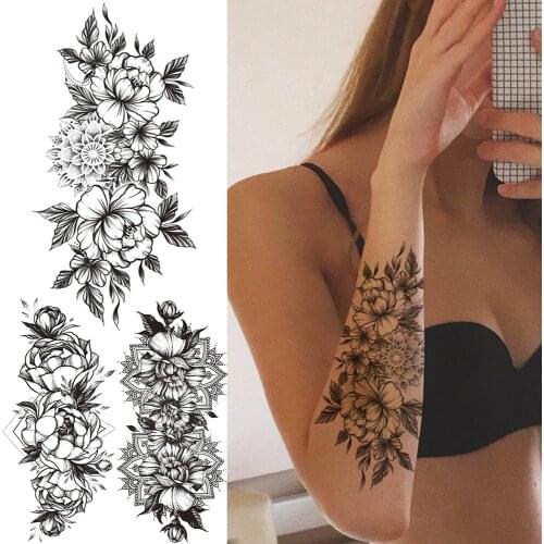 Mandala Henna Temporary Tattoo For Women Black Camellia Fake Tattoos Sticker Geometric Daisy Water Transfer Tatoos Body Art Leg