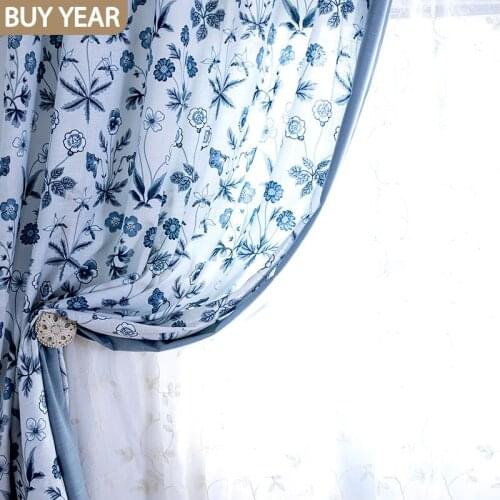 American Style Curtains for Living Room and Bedroom Pastoral Imitation Cotton and Linen Blue Floral Curtain Window Curtain Tulle