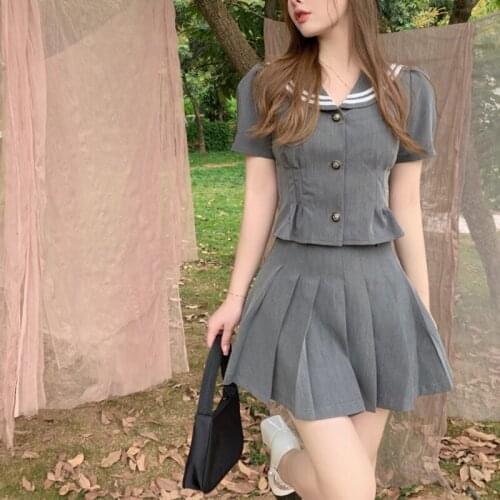 VSUE Women Preppy Style Summer Slim Short Sleeve Turn-Down Collar Pleated Mini Skirt Two-Piece Set Sweet Uniform Suit T3036