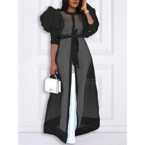 Women See Through Shirt Dress Sexy Transparent Plus Size Maxi Cover Up Lantern Sleeves Cardigan with Belt 2021 Fashion Spring