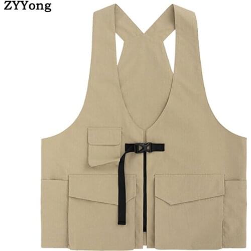 Summer Men Vest Jackets Solid Color Multi-Pocket Fashion Lovers Streetwear Hip Hop Loose Cool Clothing Outdoor Hommes Coat Set