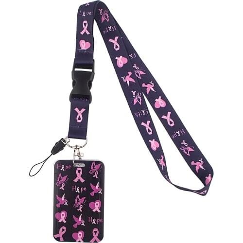 1pc ZF2362 Breast Cancer Prevention Lanyard Card ID Holder Car KeyChain ID Card Pass Gym Mobile Phone Badge Kids Key Ring Holder