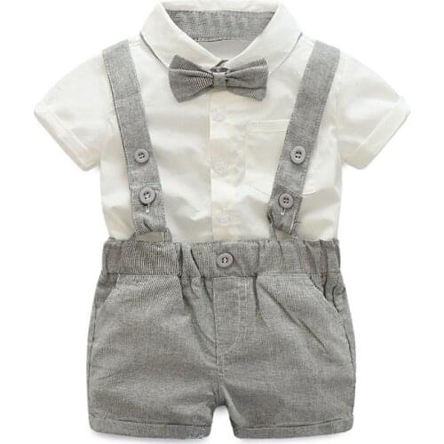 2020 Summer Toddler Boys Clothing Set Gentleman Suit Kids Short Sleeve Bow Tie Shirt+Suspenders Shorts Casual Baby Boy Clothes