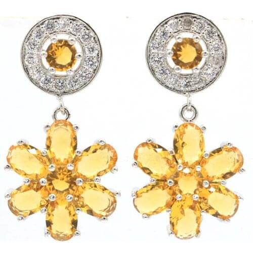 36x18mm Big European Design 10g Created Golden Citrine Pink Kunzite CZ Women Dating Silver Earrings
