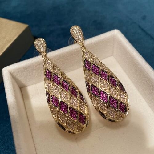 Bilincolor Pave Setting Cubic Zirconia Purple Drop Earring for Women Wedding Bridal Party