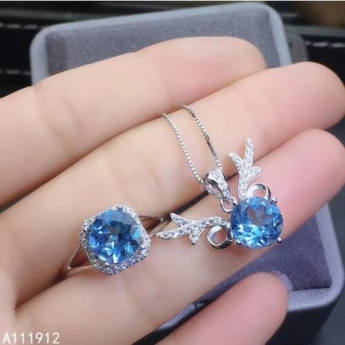 KJJEAXCMY fine jewelry natural blue topaz 925 sterling silver women pendant necklace chain ring set support test noble