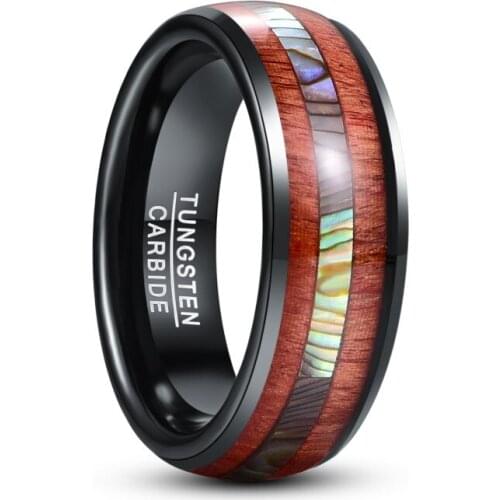 8mm Black Inlaid Wood Grain Abalone Shell Dome Tungsten Carbide Ring Mens Fashion Wedding Rings Jewelry