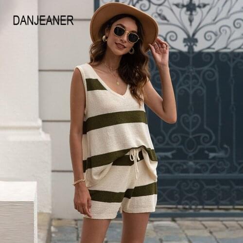 DANJEANER V Neck Knit Women Set Sleeveless Stripe Sexy Top and Short Suit Pants Loose Casual Summer Two Piece Set Outfit