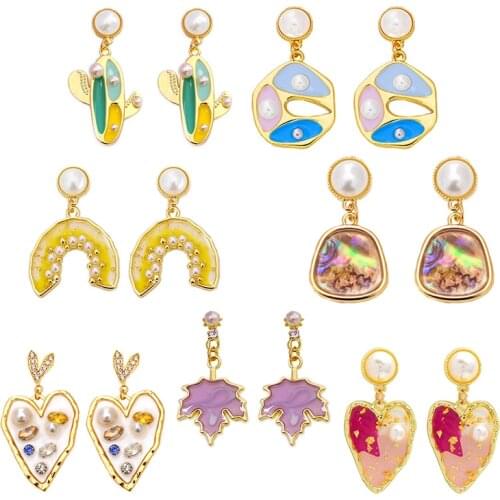Colourful Shining Pearl Crystal Drop Earrings For Women Heart maple leaves pineapple moon Vintage Earrings Jewelry Earings