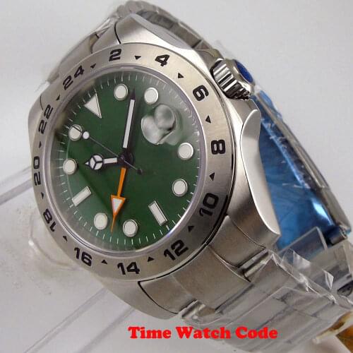 43mm Automatic Mens Wristwatch GMT Function Date Display Green Dial Sapphire Glass SS Bracelet Luminous Cyclops Brushed Bezel
