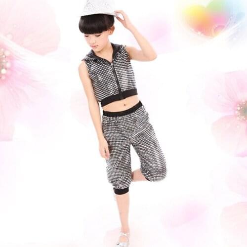 New Jazz Dance Children Performance Costume Sequins Hip Hop Stage Wear Dance Costumes Hooded Jazzy Dance Wear Kids Clothes
