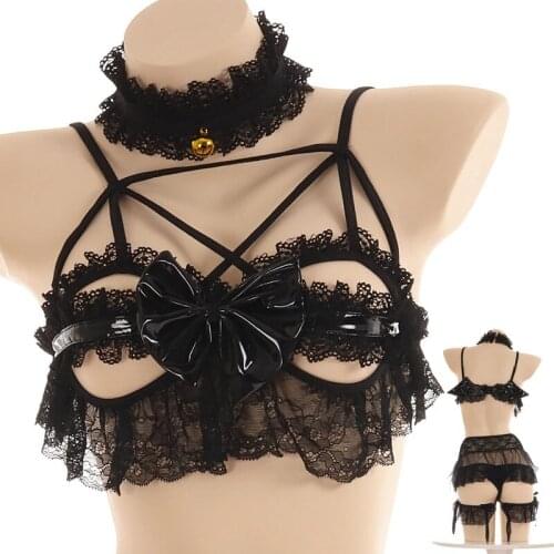 Sexy Lace Bat Lingerie Black Little Demon Mesh Women Devil Cosplay Sex Shop Open Cup Bra Set Lolita Anime Bikini with Wings