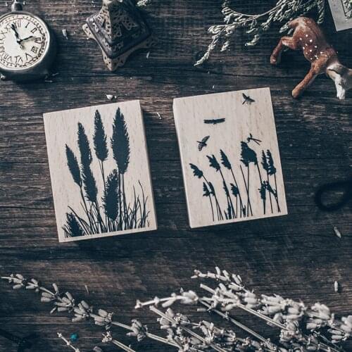 Solid Wood Stamps Diary Hand Account Decoration Reed Dragonfly Plant Sketch Seals Wedding Invitation Card DIY Seal Flower Chop