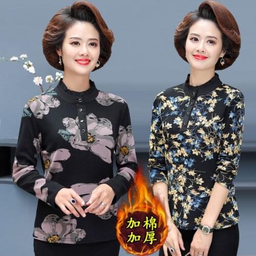 Women New 2021 Autumn Winter Plus Velvet Thicken Bottoming Shirt Female High Collar Long Sleeve Printed Tops Warm Blouses X274