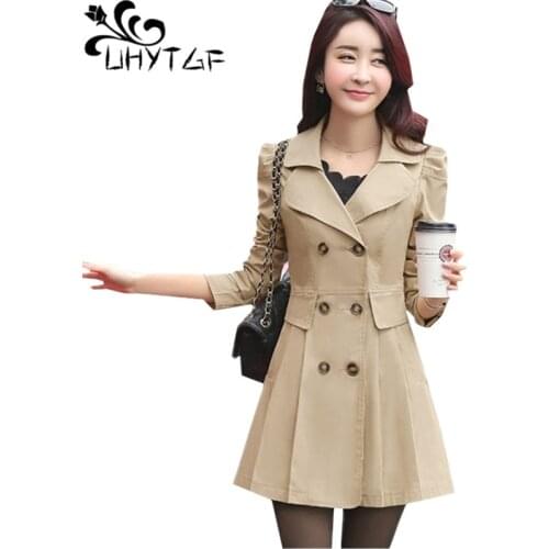 UHYTGF Female Windbreaker Coat Double-breasted Tops Casual style New Spring Autumn Trench Coats Women Slim Wild Medium length 49