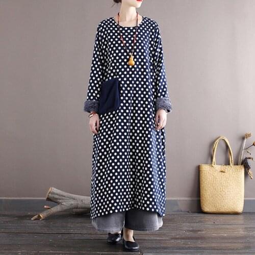 Johnature Women Dot Fleece Dresses Vintage Warm Thick Winter Robes A-Line Original Pockets 2020 New Casual A-Line Dresses