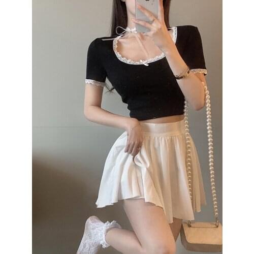 Women Summer Design Sense Niche Pure Short T-shirts French Lace Hanging Neck T-shirt 2021 Tight Sexy Tops Popular Short-sleeved