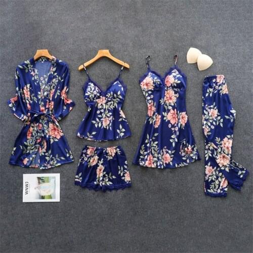 Navy Blue Womens 5PC Strap Top Pants Suit Pajamas Sleepwear Sets Spring Autumn Home Wear Nightwear Bath Gown M-XXL