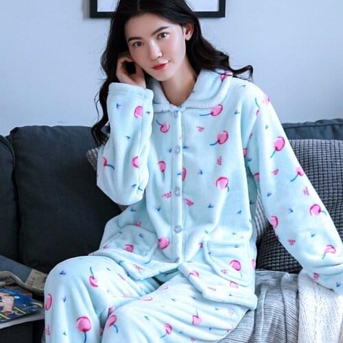 H5820 Women Pajamas Suit Thickened Flannel Cherry Printed Home Clothes Autumn Winter Coral Fleece Long Sleeve Lovely Nightwear