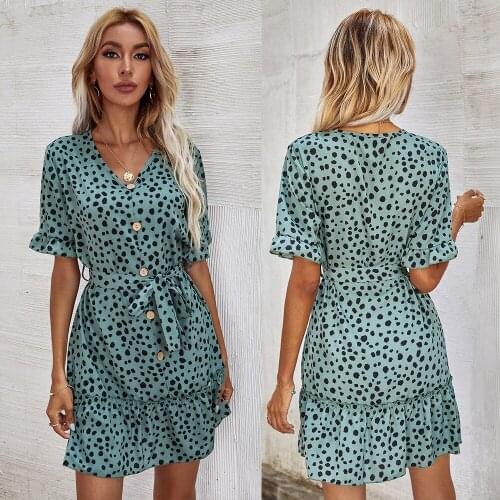 2021 Women Summer Leopard A-Line Dress Button Ruffles Bandage Lace Up V Neck Short Sleeve High Waist Slim Dresses