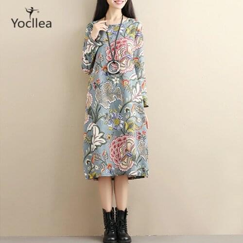 New Spring Autumn dress Women Vintage O neck Print long sleeve loose Casual dresses Vestidos Plus size Womens Clothing Robe
