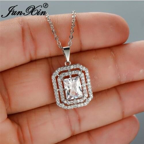 Vintage White Crystal Rectangle Pendant Square Necklaces For Women White Green Blue Purple Zircon Stone Clavicle Necklace Gifts