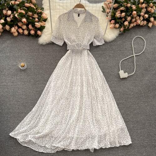 Womens Spring Summer Runway Fashion Short Sleeve Dot Print Chiffon Dress Female High Waist Chic Travel Beach Dress TB1977