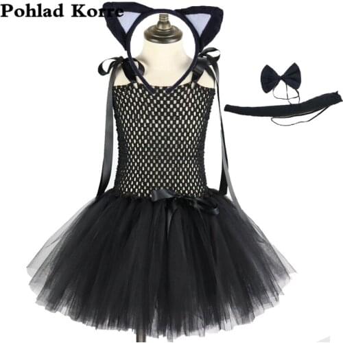 4PCS Girls Black Cat Tutu Dress Children Clothes Set Kids Girls Birthday Party Dresses Animal Cat Halloween Costume Cosplay XX08