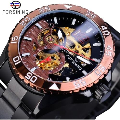 Forsining 2019 Automatic Mechanical Mens Watches Casual Skeleton Man Clock Stainless Steel Fashion Golden Dial Waterproof Clock