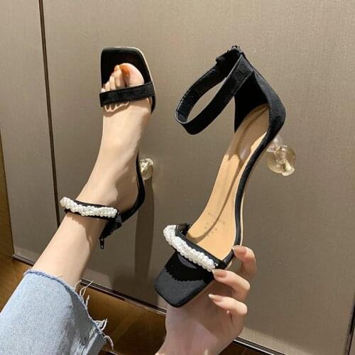 Summer new style black temperament high heels fashion all-match square toe pearl sandals one word belt womens shoes