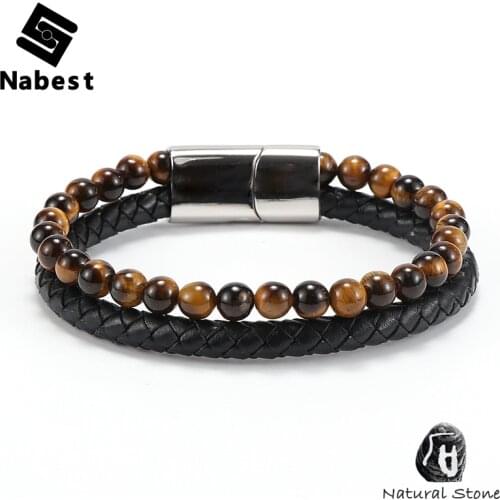 Men 6mm Natural Stone Genuine Leather Natural Stone Bracelet Tiger Eye Lava Beads Bangle Stainless Steel Magnetic Buckle Jewelry