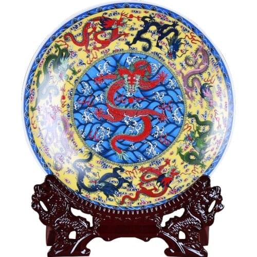 Jingdezhen Ceramic Hanging Plate Decoration Nine Dragons Flower Plate Setting Plate Modern Fashion Living Room Wine Cabinet