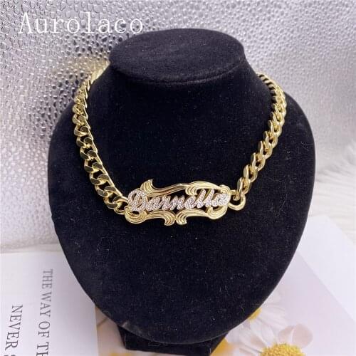 AurolaCo Double Plate Name Bracelets Two Toned Name Bracelet Stainless Steel Cuban Chain Name Bracelet for Women Gifts