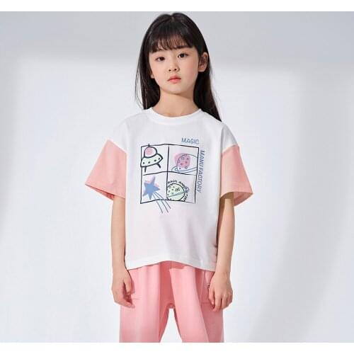 Hollead 2021 Summer Fashion Print Tee Boy Girl Children Cartoon Alien Planet T-Shirts Patched Short Sleeve Tops Casual Clothing