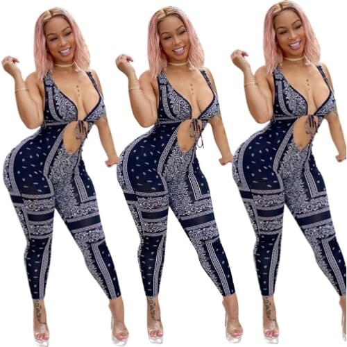 Deep V Cashew Flower Element Positioning Printing Sexy Bandage Printing Hollow Lace Tight Jumpsuit Womens Jumpsuit Street Dress
