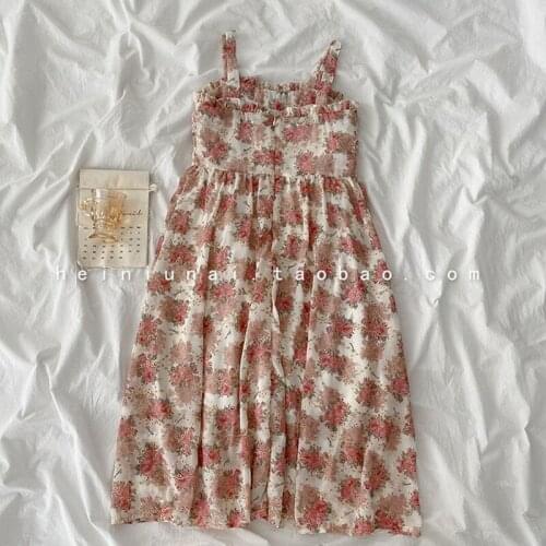 Korean Chic Dresses Summer 2021 Long Sundress Suspenders Floral Hollow Out Holiday Dress Elegant Feminine Midi Dress AA5653