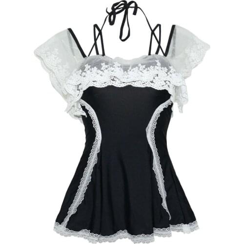 Cute Lolita Swimsuit Women One Piece Bathing Suit Lace Patchwork Monokini Swimwear Maid Cosplay Vintage Beachwear Swim Dress