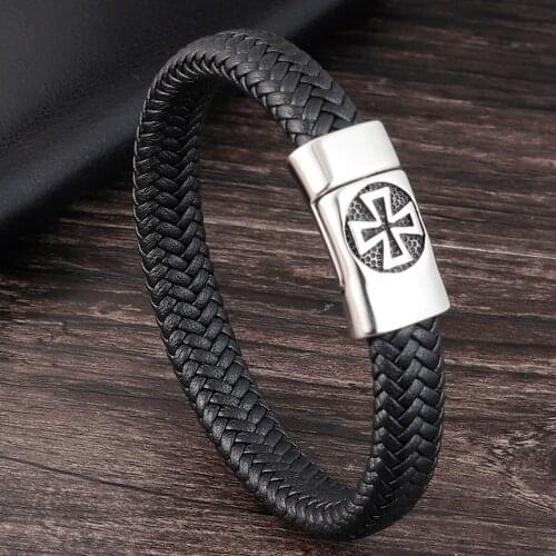 Black Color Cross Pattern Alloy Buckle Genuine Leather Bracelet For Men Stainless Steel Fine Jewelry Sculpture Bracelet