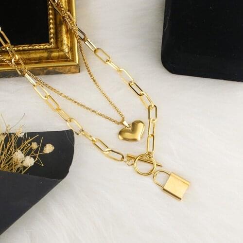 Stainless Steel Layered Necklace Heart Shape Lock Multilayer Gothic Hip Hop Woman Man Couple Pendant Necklace Jewelry Gift