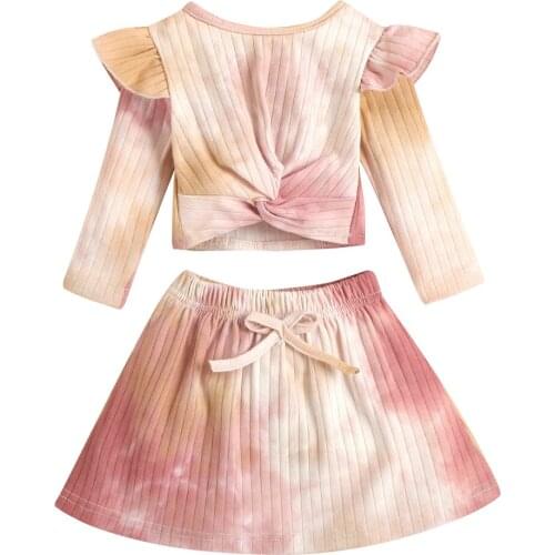 New Baby Girls Tie-dye Printed Long Sleeve T-shirt Top Skirt Autumn Cotton Casual Outfit Clothes Set