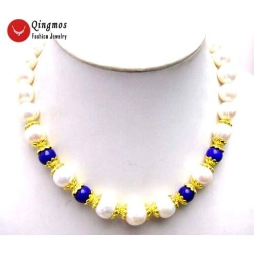 Qingmos Trendy Natural Pearl Chokers Necklace for Women with 10-13mm White Round Pearl & 10mm Blue Jades 17" Necklace - nec6067
