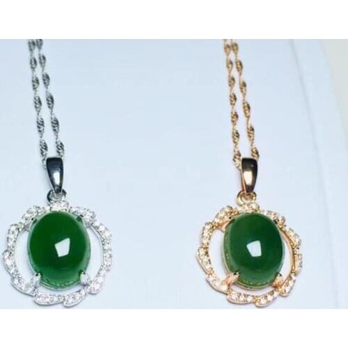 925 Silver Green HeTian Jade Inlay Flower Design Lucky Pendant + Chain Necklace Fine Jewelry Certificate