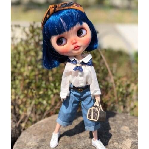 1PCS White Shirt Blue Ultra-Wide-Leg Trousers Loose Pants for Blyth,Azone s , OB24 dolls Accessories