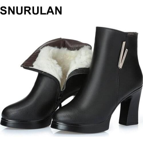 SNURULAN Women Shoes Thick High Heels Ladies Shoes Genuine Leather Womens Boots Warm WOOL linning Ankle Boots Black