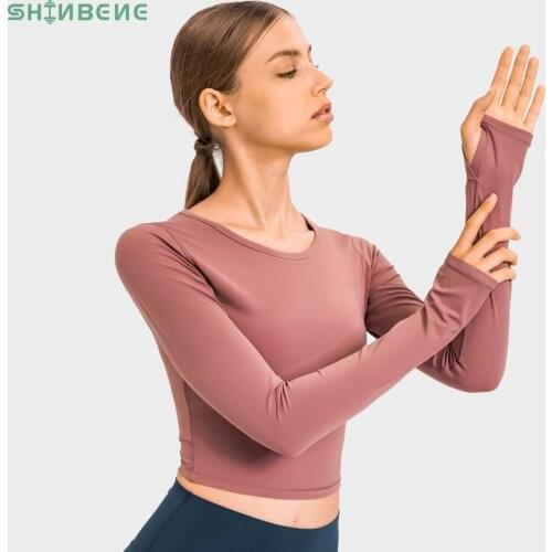 SHINBENE Super Soft Performance Workout Yoga Long Sleeve Shirts Women Fitness Sport Cropped Long Sleeve Tops with Thumb Hole