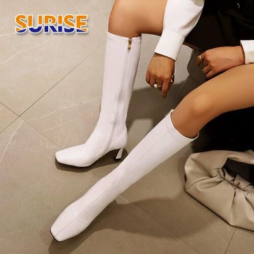 Big Size Women Knee High Boots Black White Microfiber Flared Heels Party Office Ladies Winter Plush Zipper Square Toe Long Boots