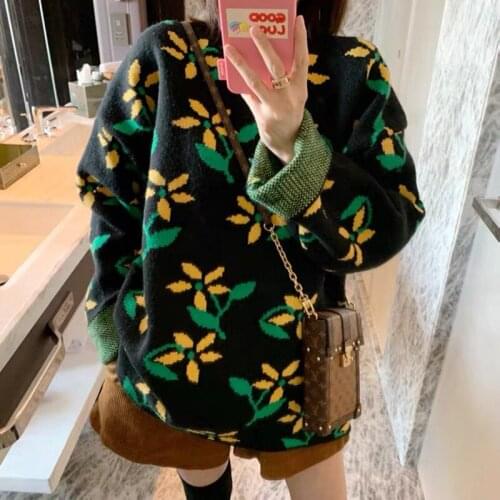 2021 Women Sweater Pullovers Fashion Floral Printed oversized loose knitted Sweater Coat Female Autumn Winter Knit Pullovers